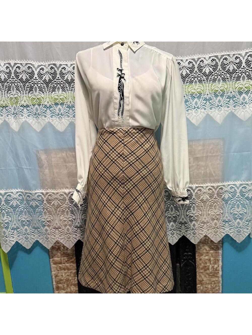 Tartan Plaid A-Line Midi Skirt Beige Brown High Waist Women’s S